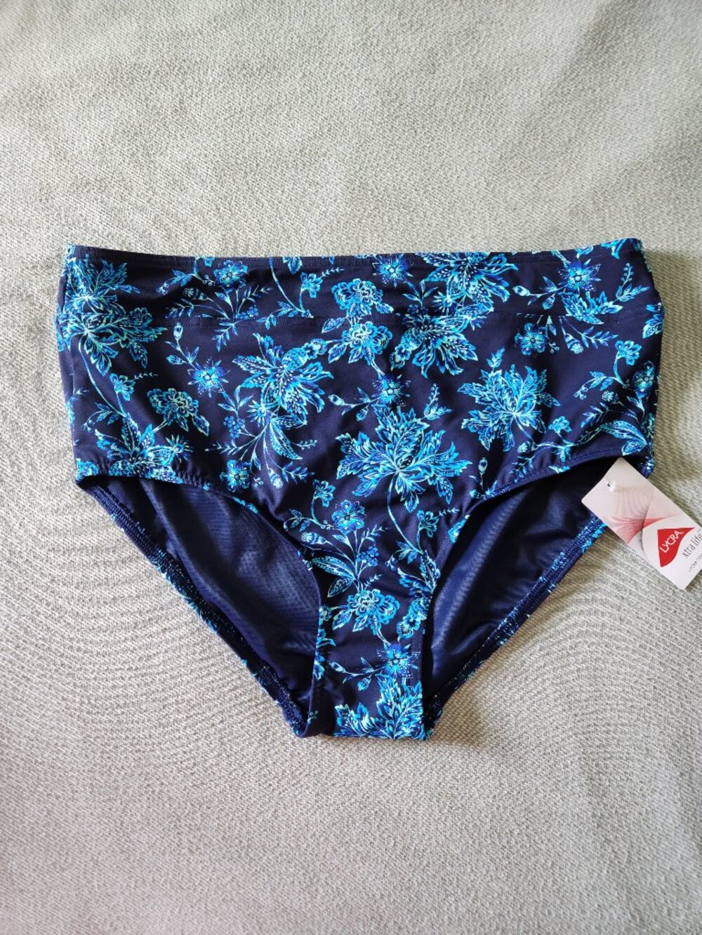 Lands' End High Waist Bikini Swim Bottom Navy Floral Size 14 NWT